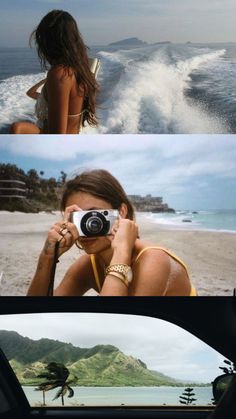 two pictures with the same woman taking photos