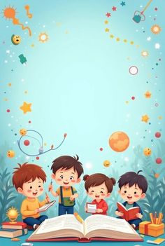 three children are reading books in front of an open book with planets and stars above them