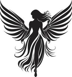 the silhouette of a woman with long hair and wings