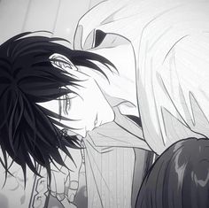 an anime scene with two people kissing each other and one person looking at the camera