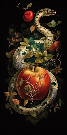 an apple and snake are depicted in this painting