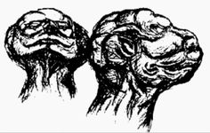 an ink drawing of two human heads facing each other