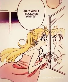 a cartoon girl looking at herself in the mirror