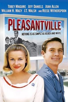 a movie poster for pleasantville featuring a man and woman standing next to each other