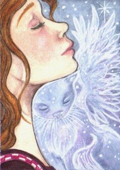 a painting of a woman with her eyes closed next to an owl and snowflakes