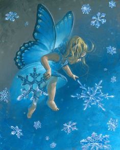 a painting of a fairy with blue wings and snowflakes