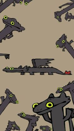 an image of many alligators with yellow eyes and green eyes, all in different positions