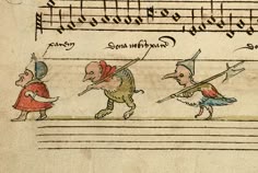 an old manuscript with cartoon figures and music notes