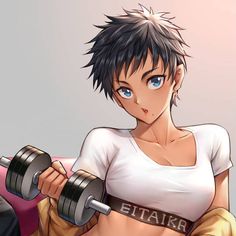 an anime character is holding two dumbs