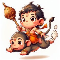 a little boy riding on the back of a monkey