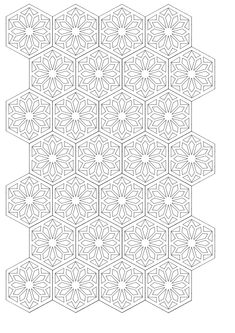 an intricate geometric design in black and white, with the center surrounded by smaller hexagonal