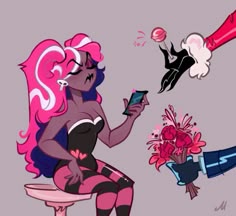 a pink haired woman sitting on top of a stool next to a vase filled with flowers