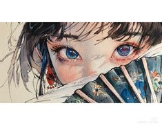 a painting of a girl with blue eyes holding a fan