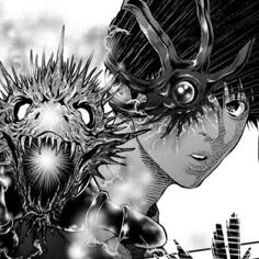 an anime character is staring at something with his head in front of him and another creature behind him