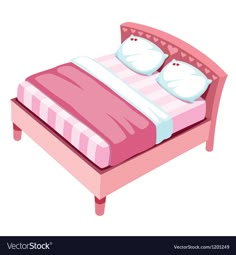 a pink bed with two pillows on the headboard and foot board is shown in this cartoon style