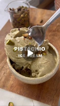 pistachio ice cream in a bowl with a spoon
