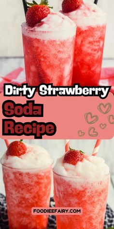 three glasses filled with strawberry soda and topped with whipped cream, strawberries on top