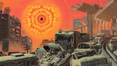 a painting of an orange sun in the middle of a city with cars and buildings