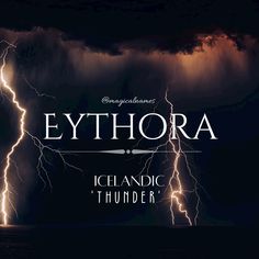 lightning striking over the ocean with text that reads eythora