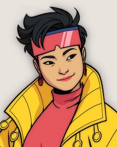 an animated image of a man in a yellow jacket and pink shirt with black hair