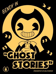 the bendy in ghost stories logo is yellow and black with an evil looking face