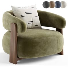 a green chair with two pillows on it and four different colors in the same room