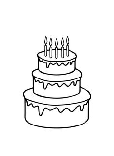 a black and white drawing of a birthday cake with lit candles on it's top