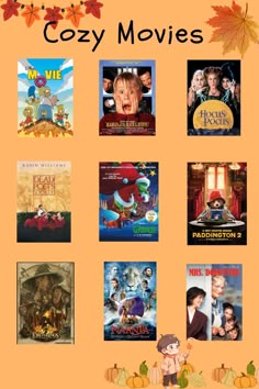 the movie poster for cozy movies with fall leaves and pumpkins around it on an orange background