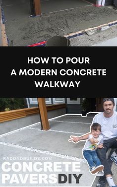 a man sitting on top of a skateboard in front of a building with the words how to pour a modern concrete walk way