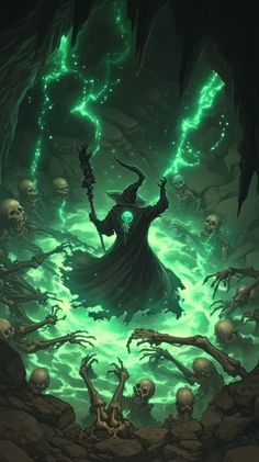 a wizard standing in the middle of a cave filled with skulls and glowing green lights