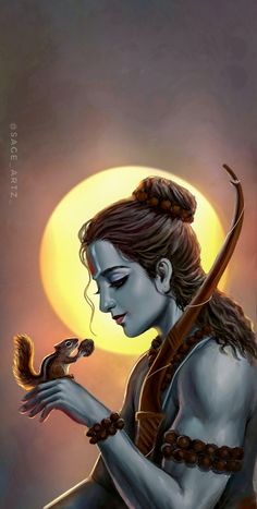 a painting of a woman holding a squirrel in her hands