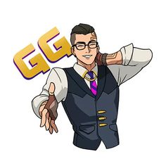 a man in a vest and tie holding his arms out with the word ge on it