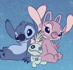 three cartoon characters sitting next to each other in front of a blue background with flowers