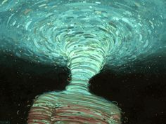 an abstract painting of a person's head with water swirling over it and the sky above