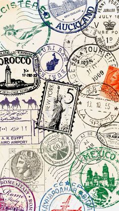 many different stamps are on top of each other