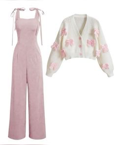 a pink jumpsuit and white sweater with bows on the shoulders, next to an open - front cardigan