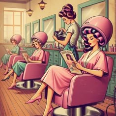 a woman getting her hair done in a salon with other women sitting on the chairs