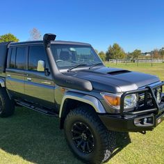 a black truck parked on top of a lush green field