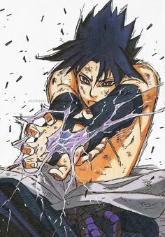 an anime character with black hair and blue eyes, holding his fist up to the camera