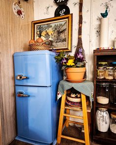 Vintage blue mini fridge.  Vintage kitchen.  Vintage kitchen decor.  Cottagecore kitchen.