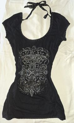 00s Clothes, Black Rhinestone Top, Rhinestone Clothes Y2k, 2000s T Shirt, Affliction Women Outfits, 2000s Grunge Shirts, Y2k Emo Tops, Gem Shirts Y2k, Diy Affliction Shirt