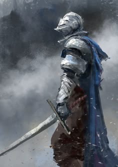Plume Knight, Tarnished Knight, Knight Looking At The Sky, Faceless Knight, Knight Standing In Rain, Knight In Rain, Knight Last Stand Art, Blue Crusader Knight, Dark Blue Knight