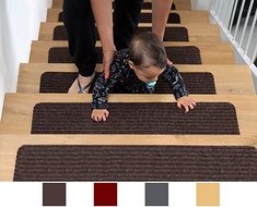 a toddler crawling down the stairs with his hands in his pants and shoes on