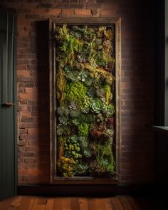 Moss and succulent wall decor, brick wall green plant wall decor, moss frame decor ideas