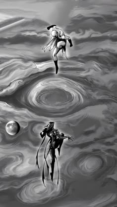 two people are floating in the water with their backs to each other, and one is holding an umbrella