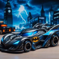 a batman car is shown in front of a cityscape