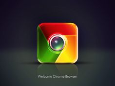 the welcome chrome browser icon is displayed on a dark background with an image of a camera