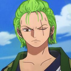 an anime character with green hair and piercings looking at the camera in front of a blue sky