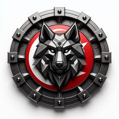 a metal and red emblem with a wolf's head in the center on a white background