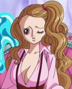 a woman with long hair and big eyes sitting in front of a pink wall holding a knife